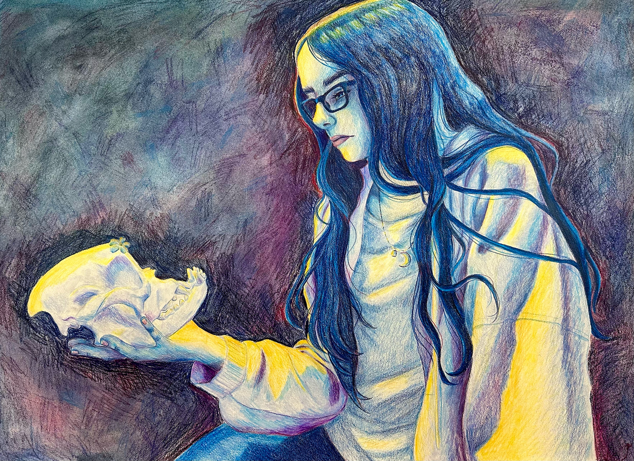 Victoria Henry, "The Last Kiss of a Forget-Me-Not", color pencil & soft pastel on paper, 22 x 30 in., 2025. Victoria Henry, "The Last Kiss of a Forget-Me-Not", color pencil & soft pastel on paper, 22 x 30 in., 2025.