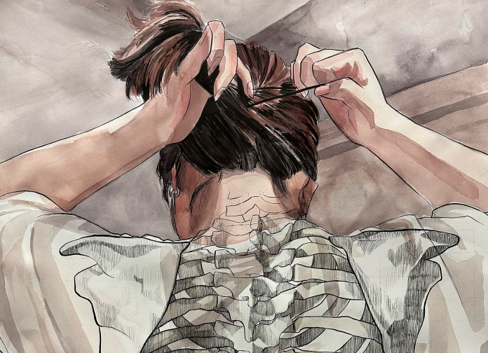 Priscilla Phasakda, Rib Cage (detail), 30 x 22 in., watercolor and pen on paper, 2023