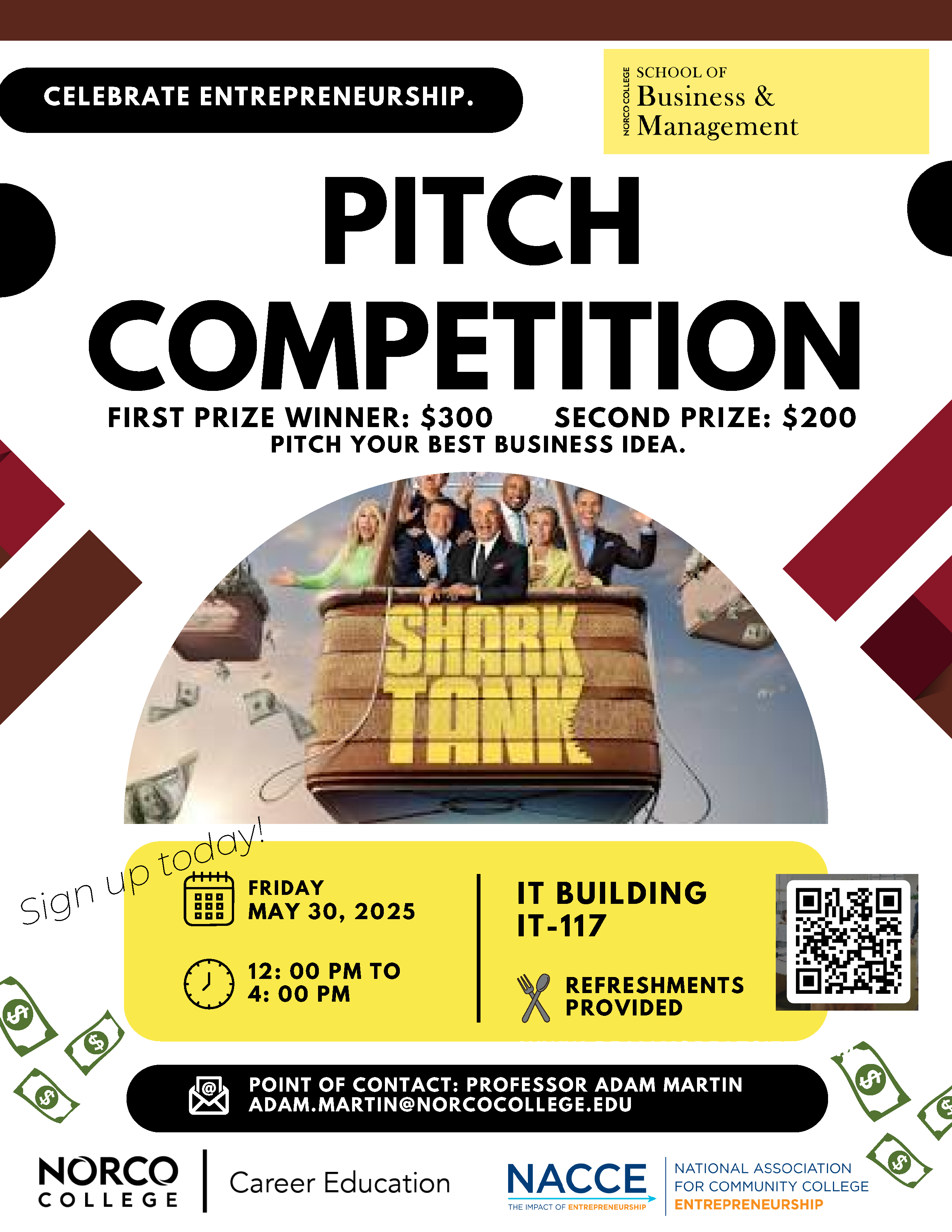 School of Business and Management Business Pitch Competition Flyer. Competition on May 30th. Workshops May 13 and May 20. School of Business and Management Business Pitch Competition Flyer. Competition on May 30th. Workshops May 13 and May 20.