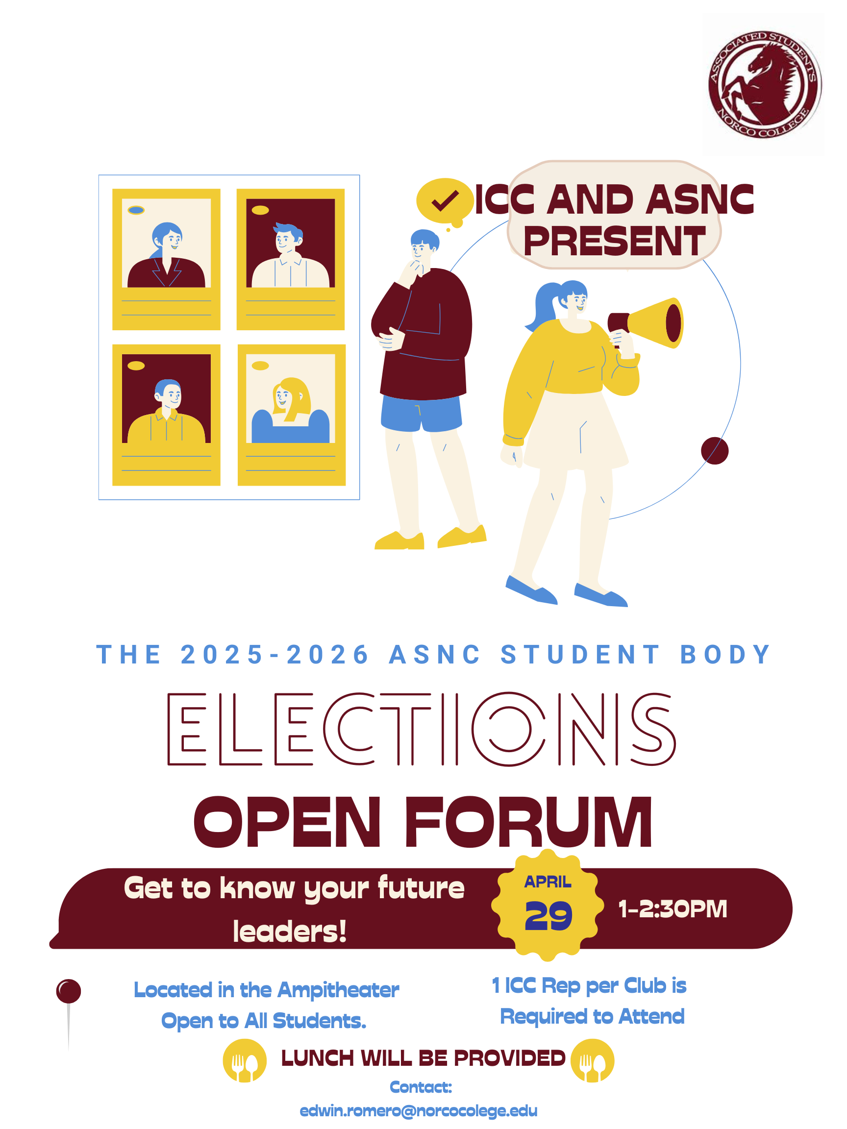 elections open forum, get to know your future leaders, april 29, 1-2:30pm, amphetheater