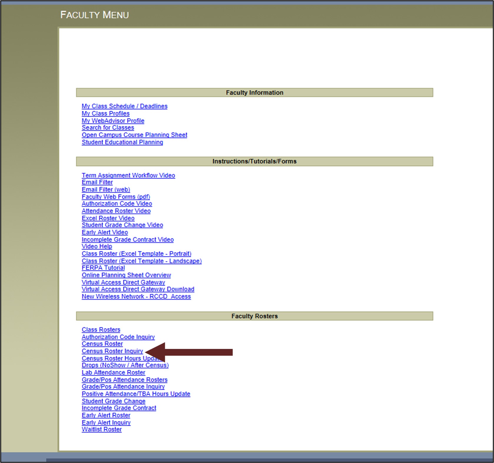 WebAdvisor Faculty Menu with arrow pointing at Census Roster Inquiry