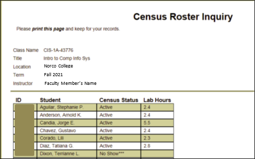 Census Roster Inquiry and classes with lab hours to be announced