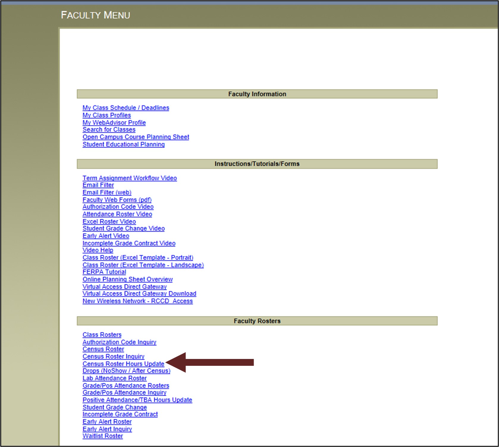 WebAdvisor Faculty Menu with arrow pointing at Census Roster Hours Update