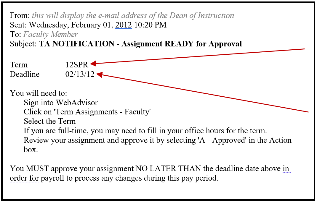 Sample email notification of Teaching Assignment