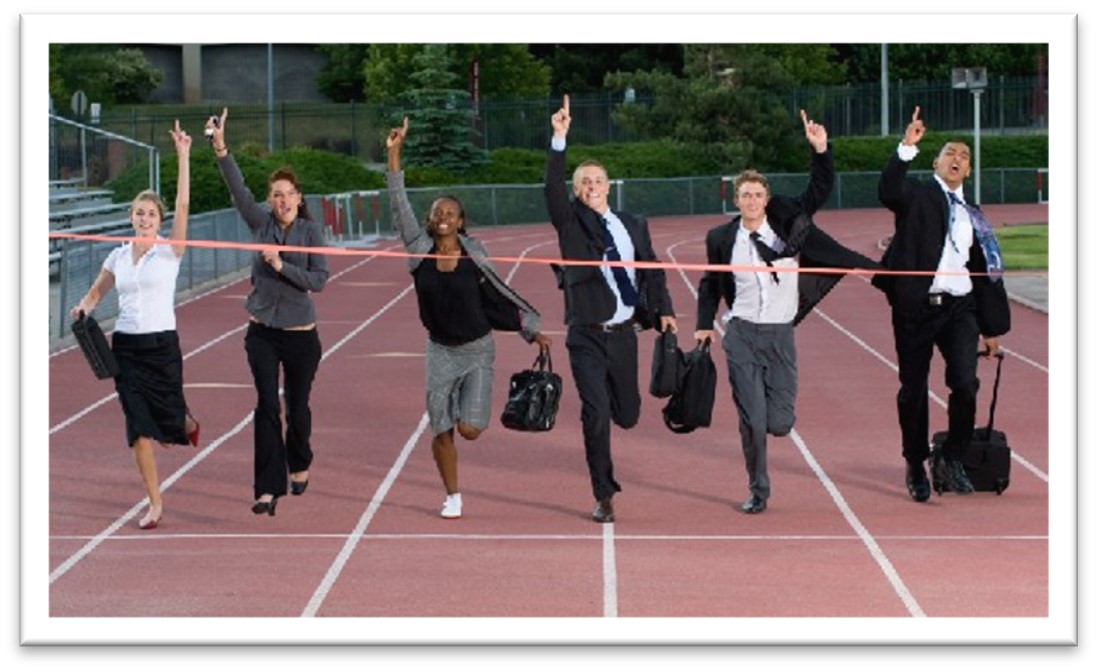 Faculty crossing a finish line