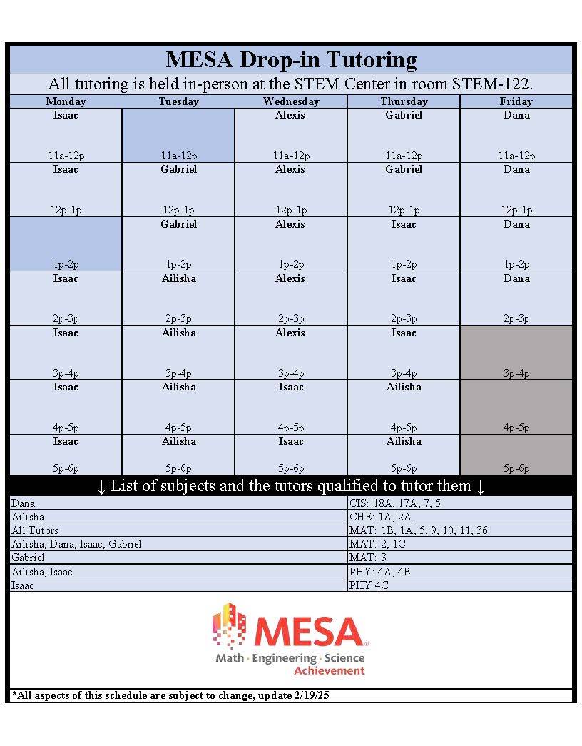 MESA Spring Tutoring Schedule