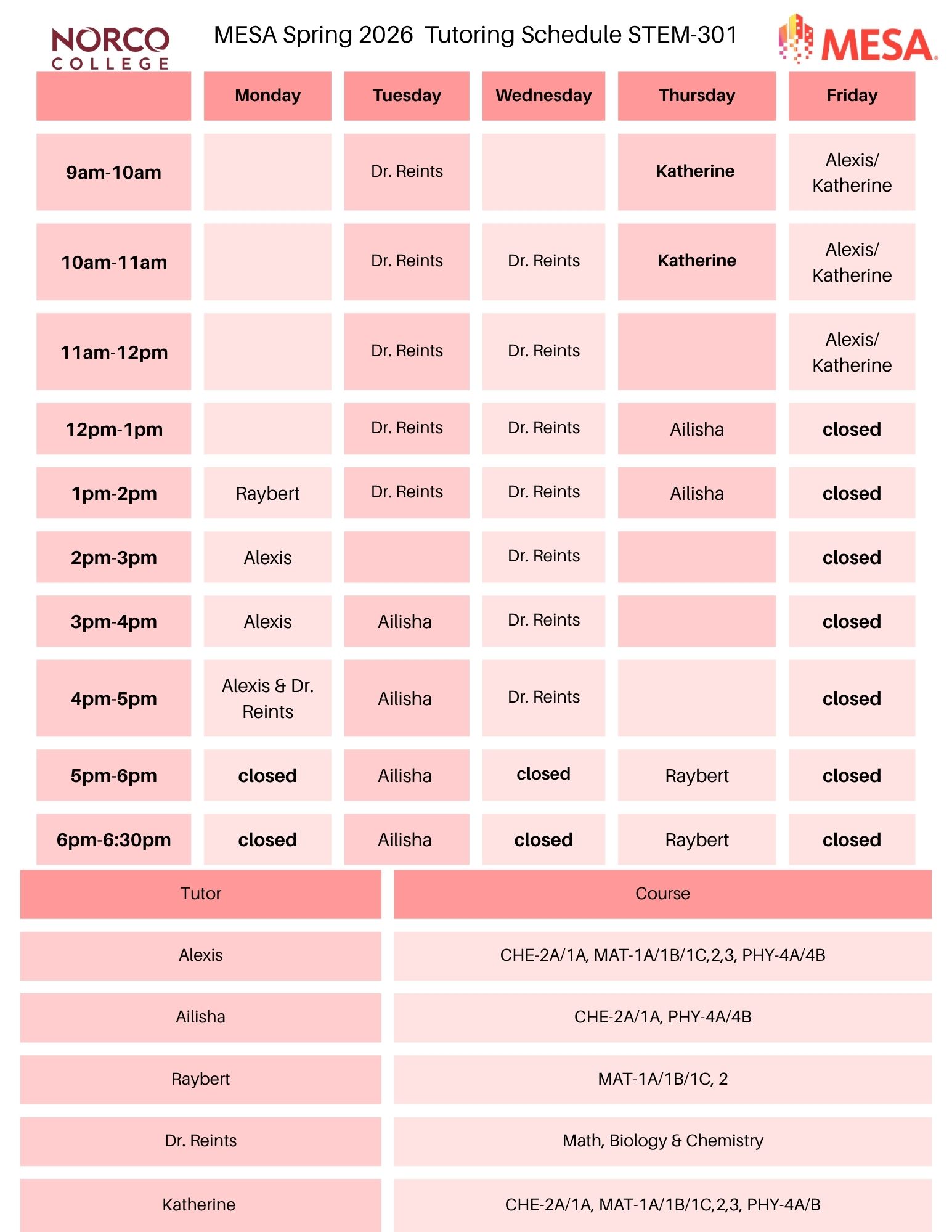 MESA Tutoring Schedule for Spring'2026