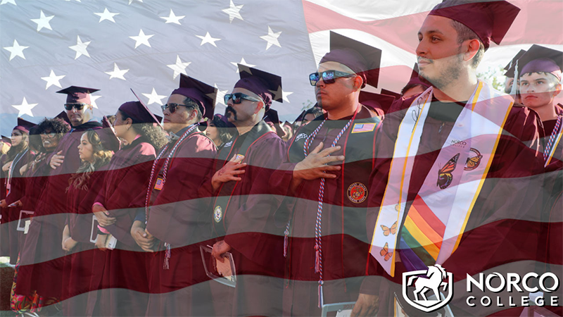 Norco College students at Commencement with overlay of US flag and Norco College logo