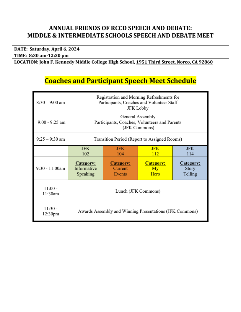 Norco College Speech Meet 2024 schedule