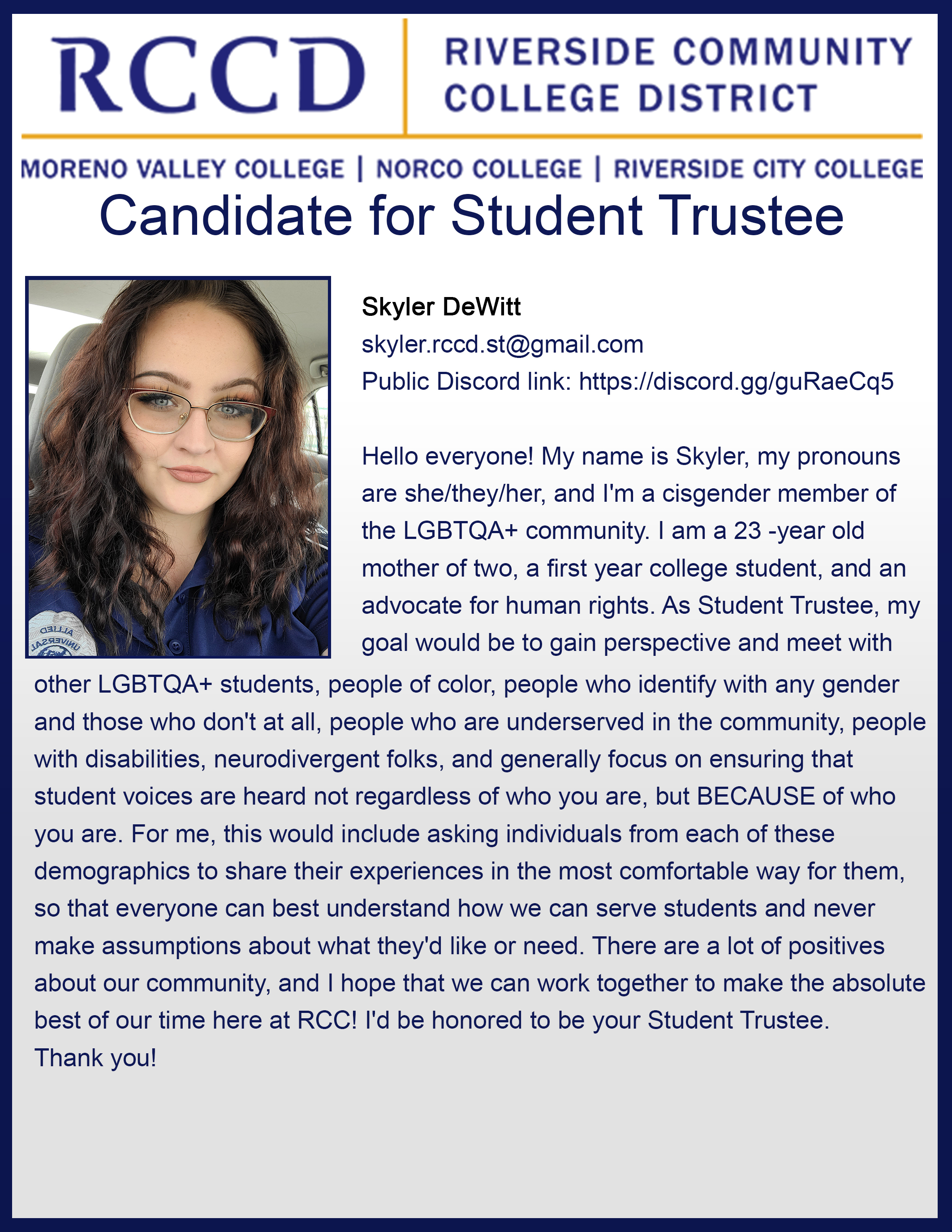 Student Trustee Candidate Statement for Skyler DeWitt Student Trustee Candidate Statement for Skyler DeWitt