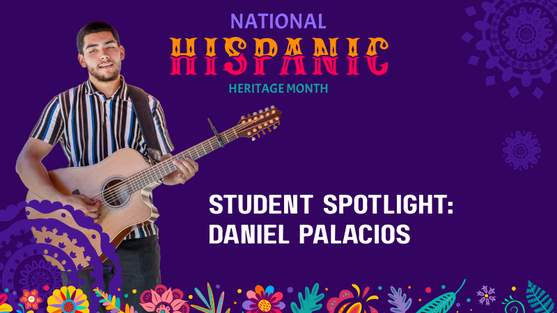 Hispanic Heritage Month Student Spotlight Norco College student Daniel Palacios holding a guitar