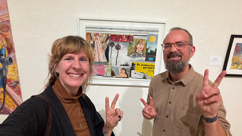 Norco College Professor and Art Gallery Director Michelle Ramin posing with her artwork.