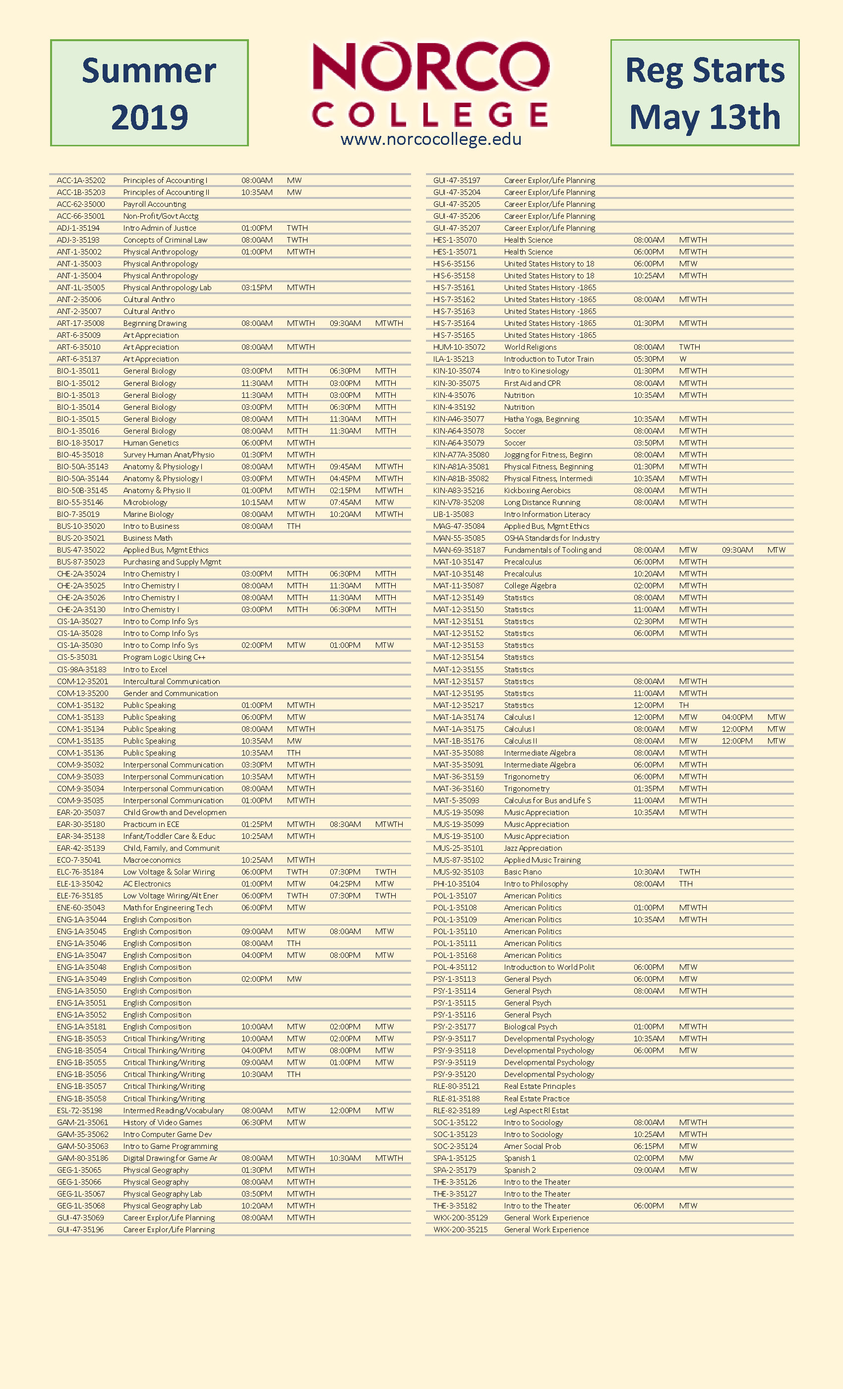 Summer Class Schedule Quick View Summer Class Schedule Quick View