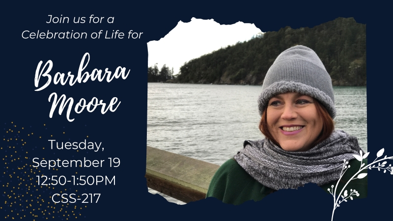 Join us for a Celebration of Life for Professor Barbara Moore, Associate Professor of Biology, vibrant friend and colleague, who passed away unexpectedly on June 24, 2023. Celebration of Life for Barbara Moore banner