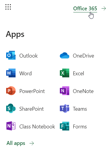 Microsoft Office 365 link in upper right corner