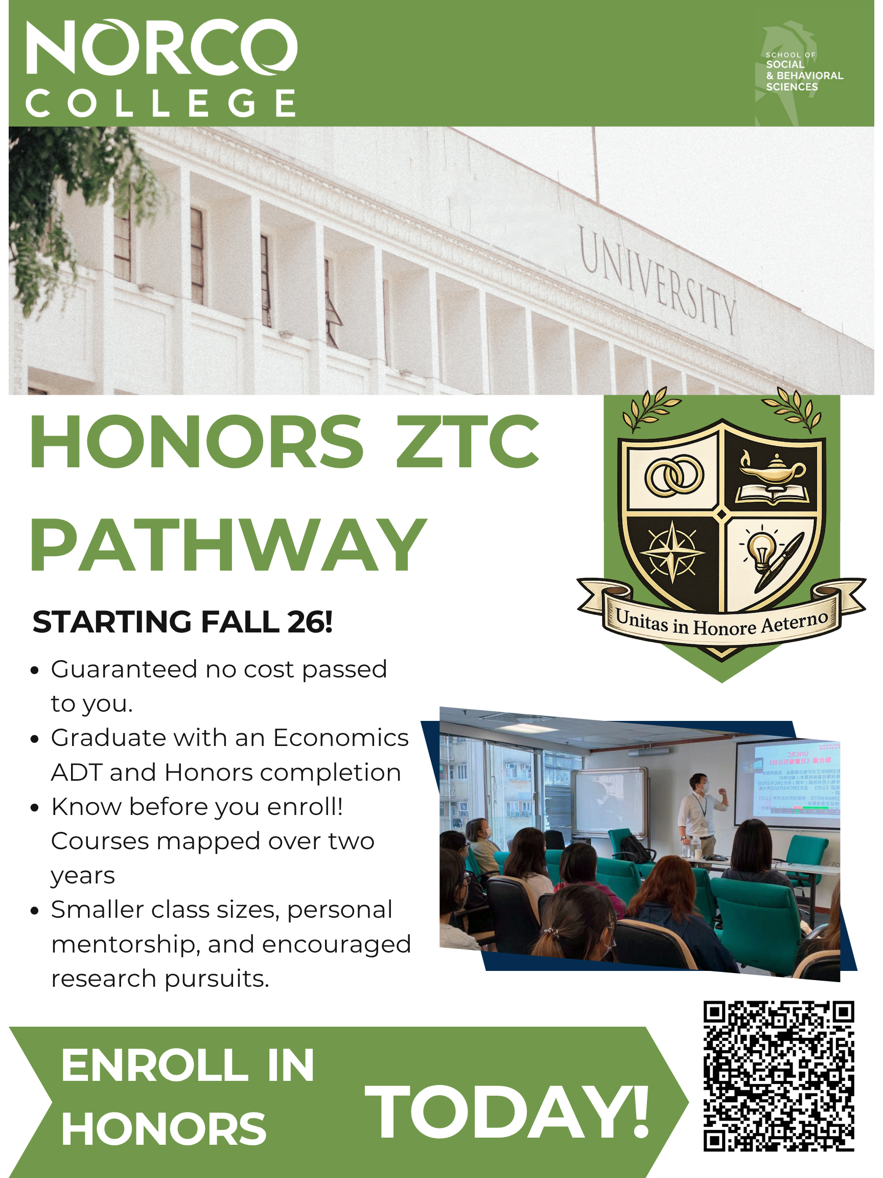 Honors Econ ADT ZTC Pathway the flyer shows an announcement for a ZTC pathway for Honors in an Economics ADT