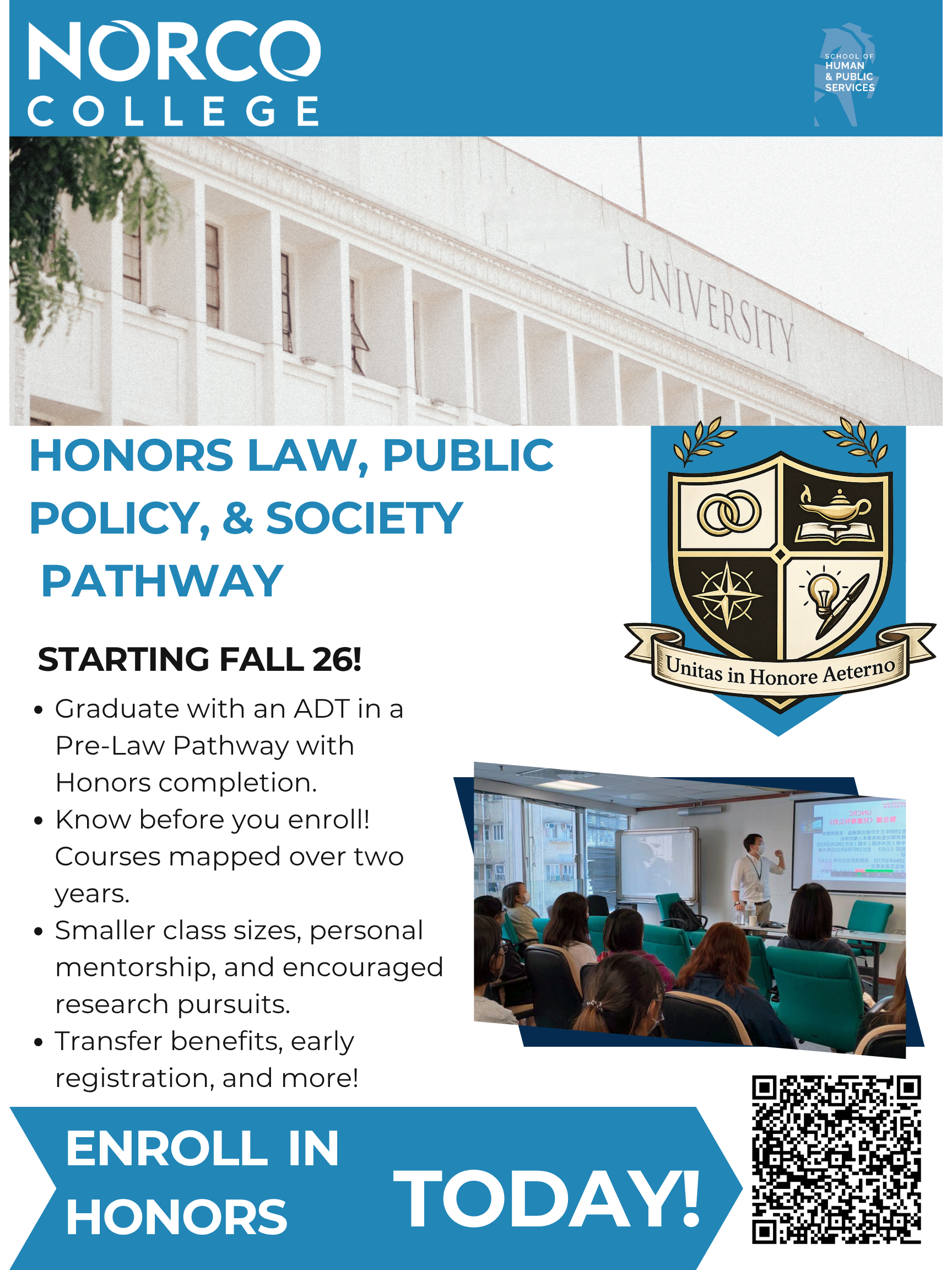 Honors Law & Public Policy ADT Pathway The annoncement flyer for the Honors Law & Public Policy ADT Pathway
