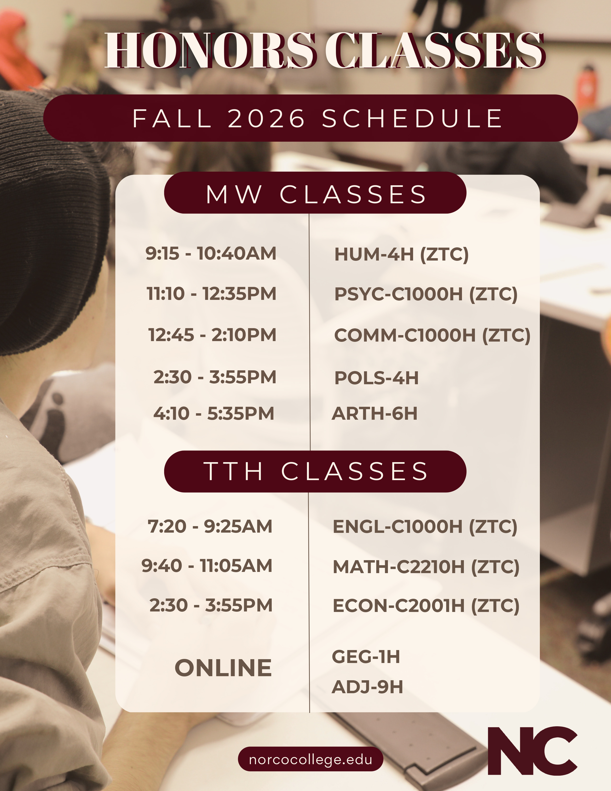 This shows the Fall 2026 schedule for the honors program.  the schedule shows various courses offered at various days and times.