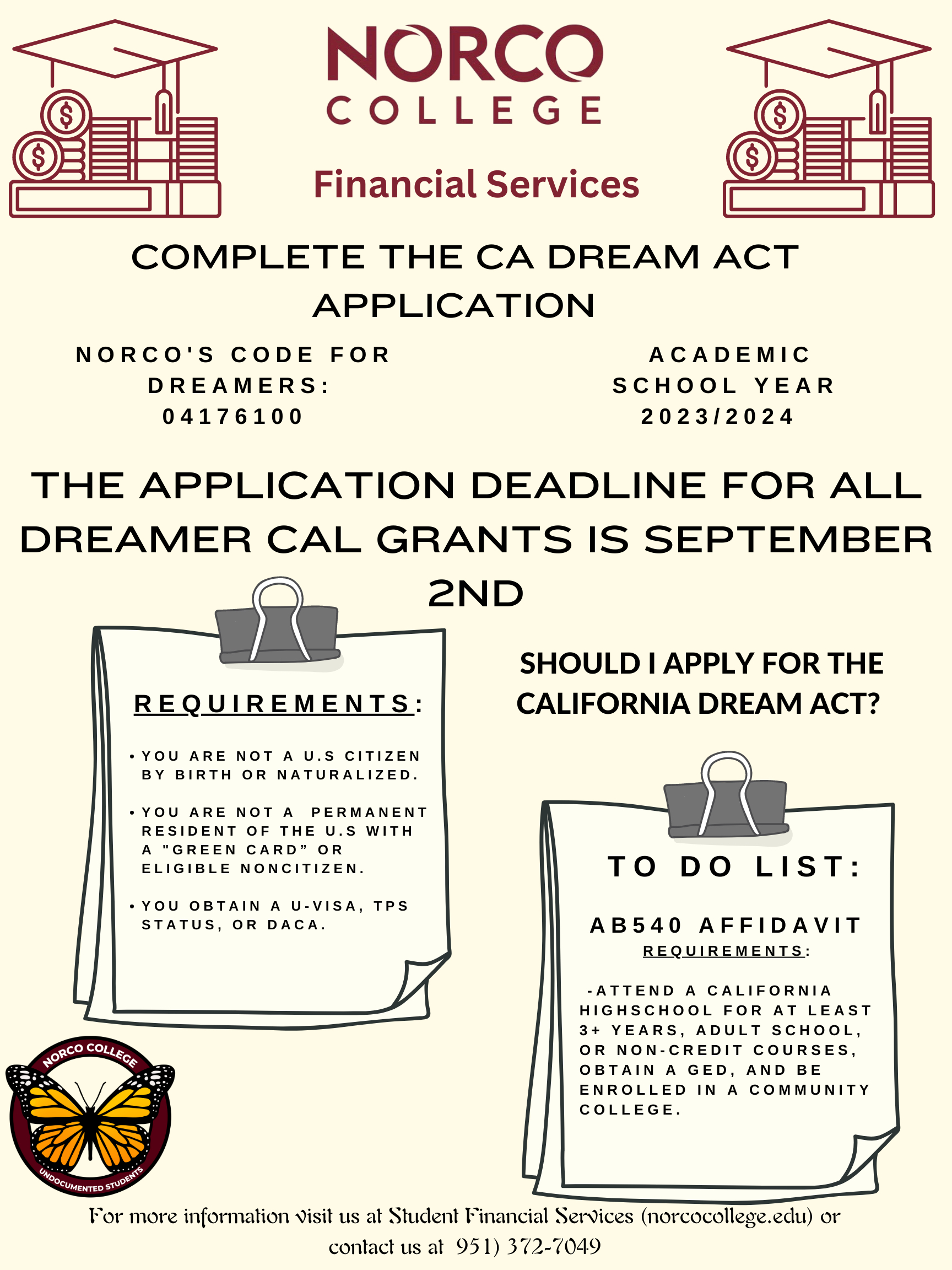 Norco College Financial Services Complete the CA Dream Act Application flyer