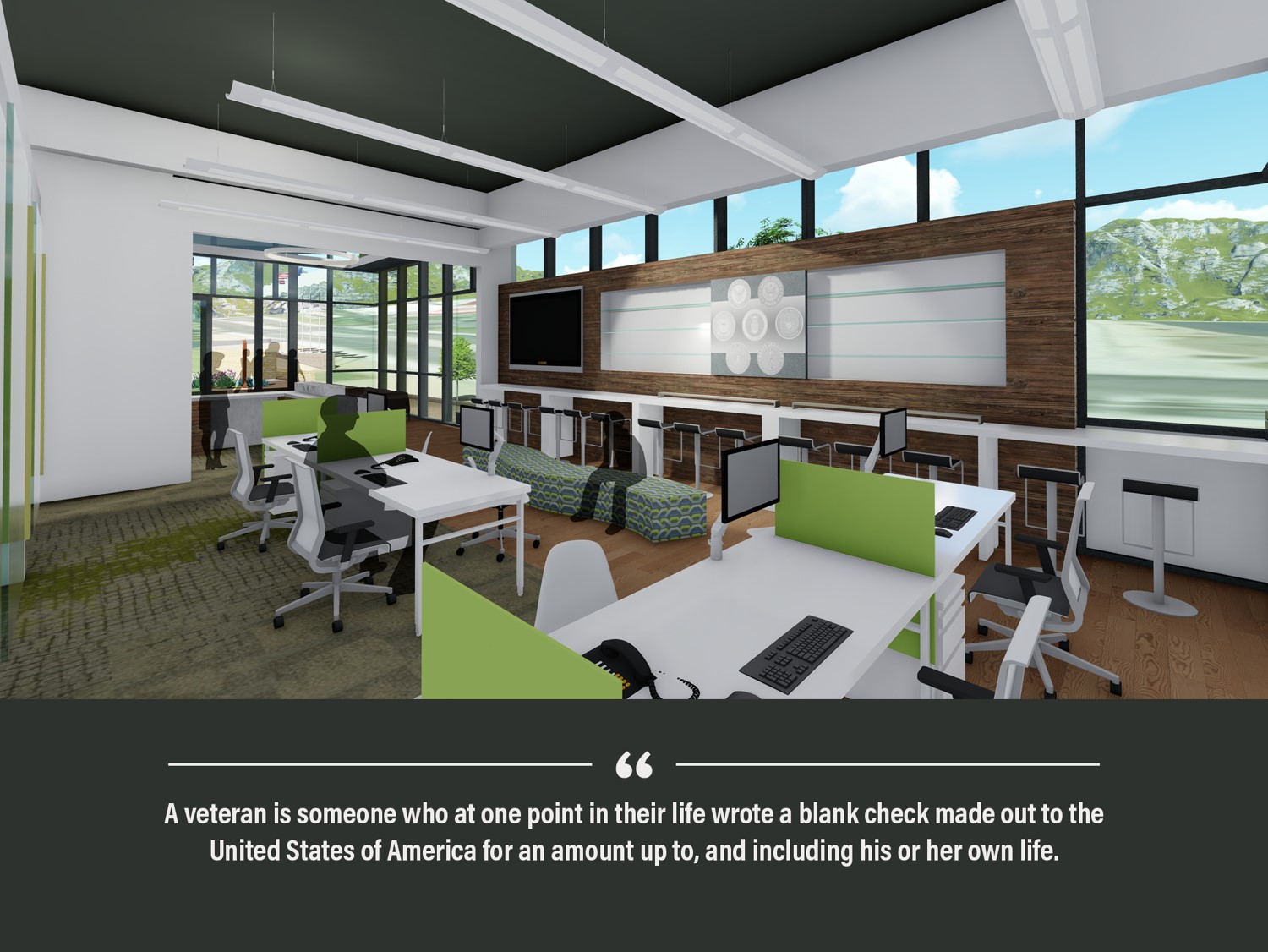 Rendering of future Veterans Resource Center including quote at bottom