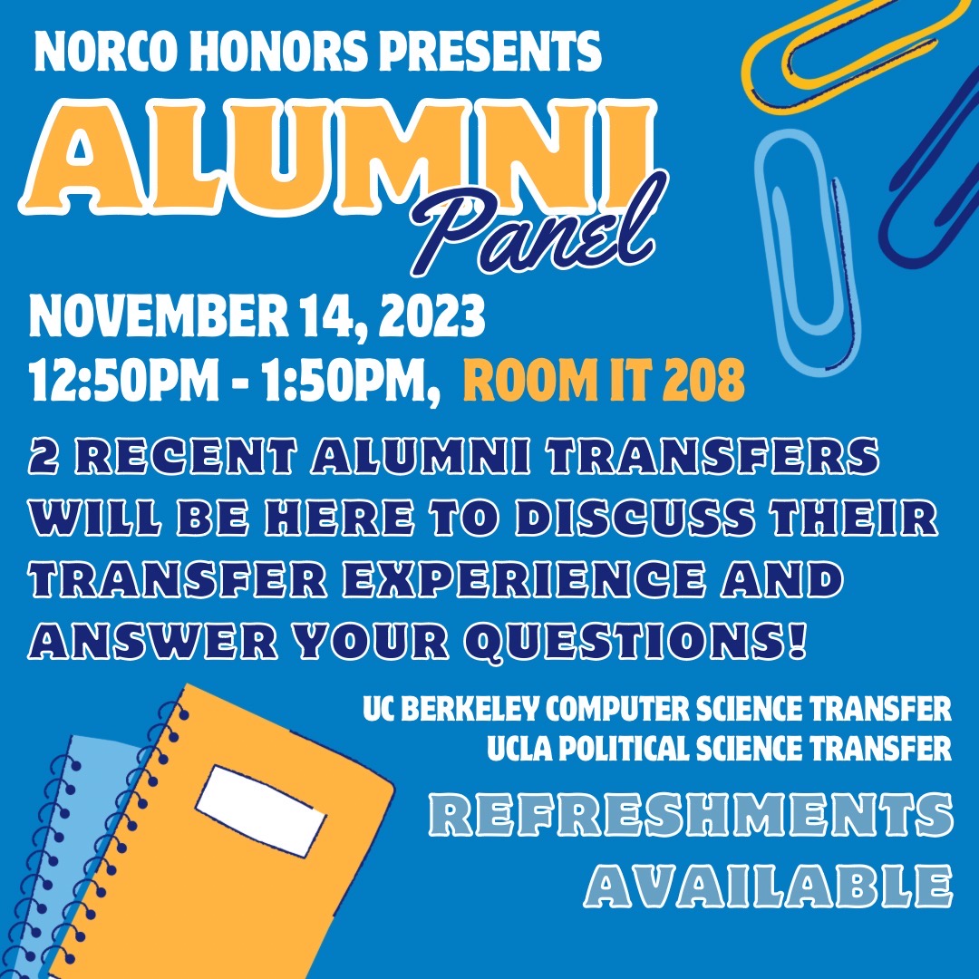 Norco College Honors Program Alumni Panel event flyer