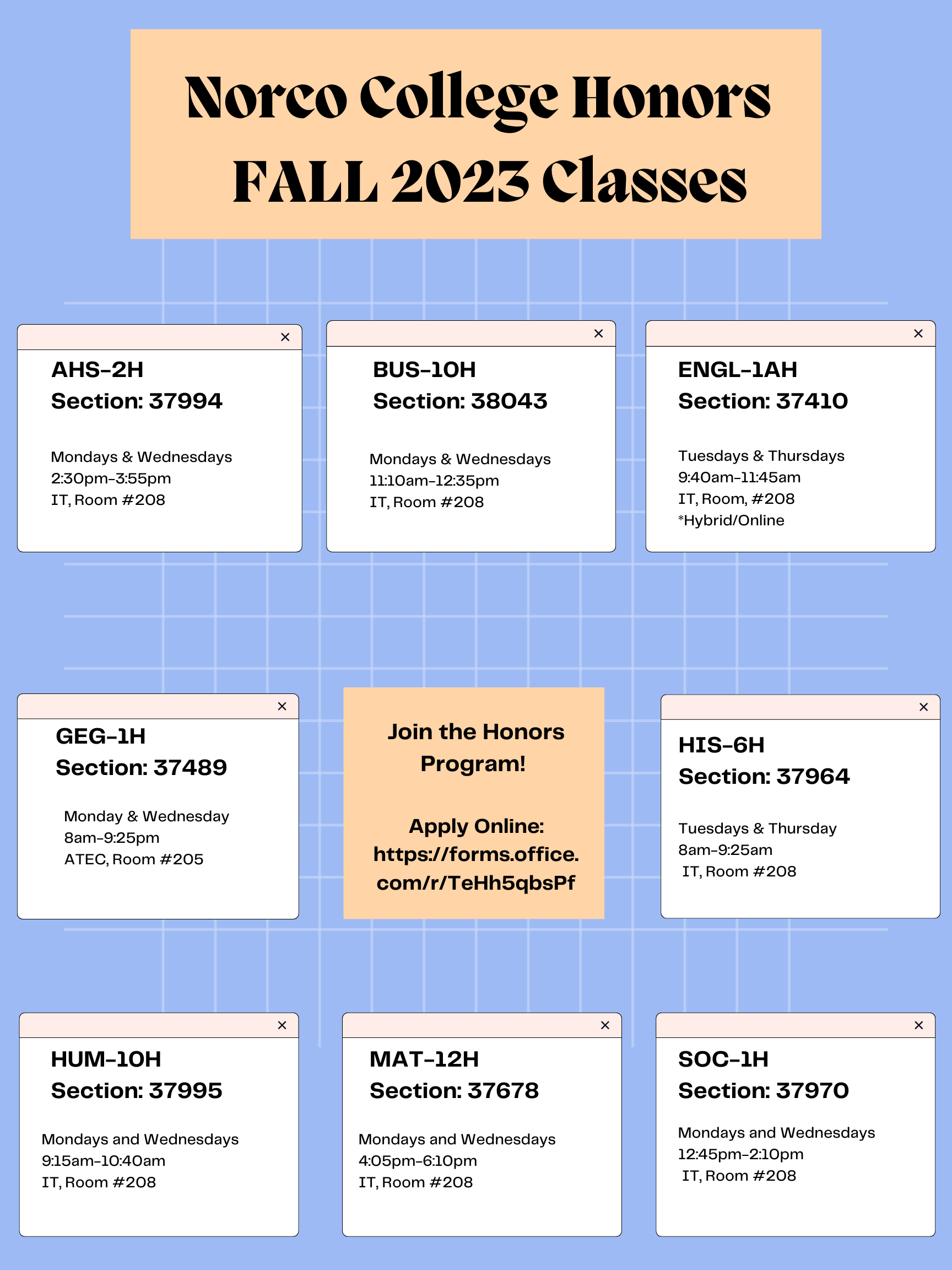 Norco College Honors Program Fall 2023 Class Schedule flyer
