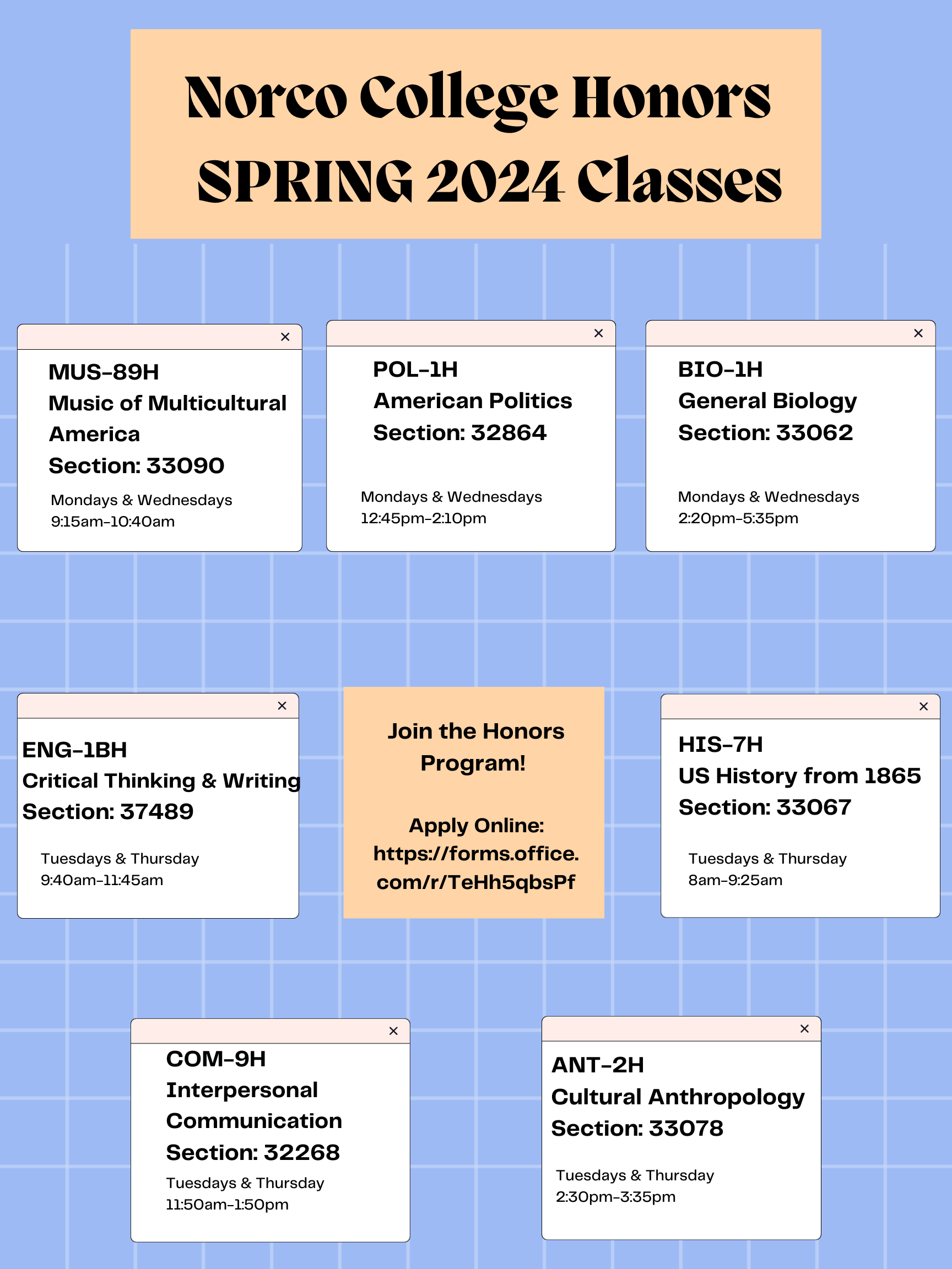 Norco College Honors Program Spring 2024 Class Schedule flyer