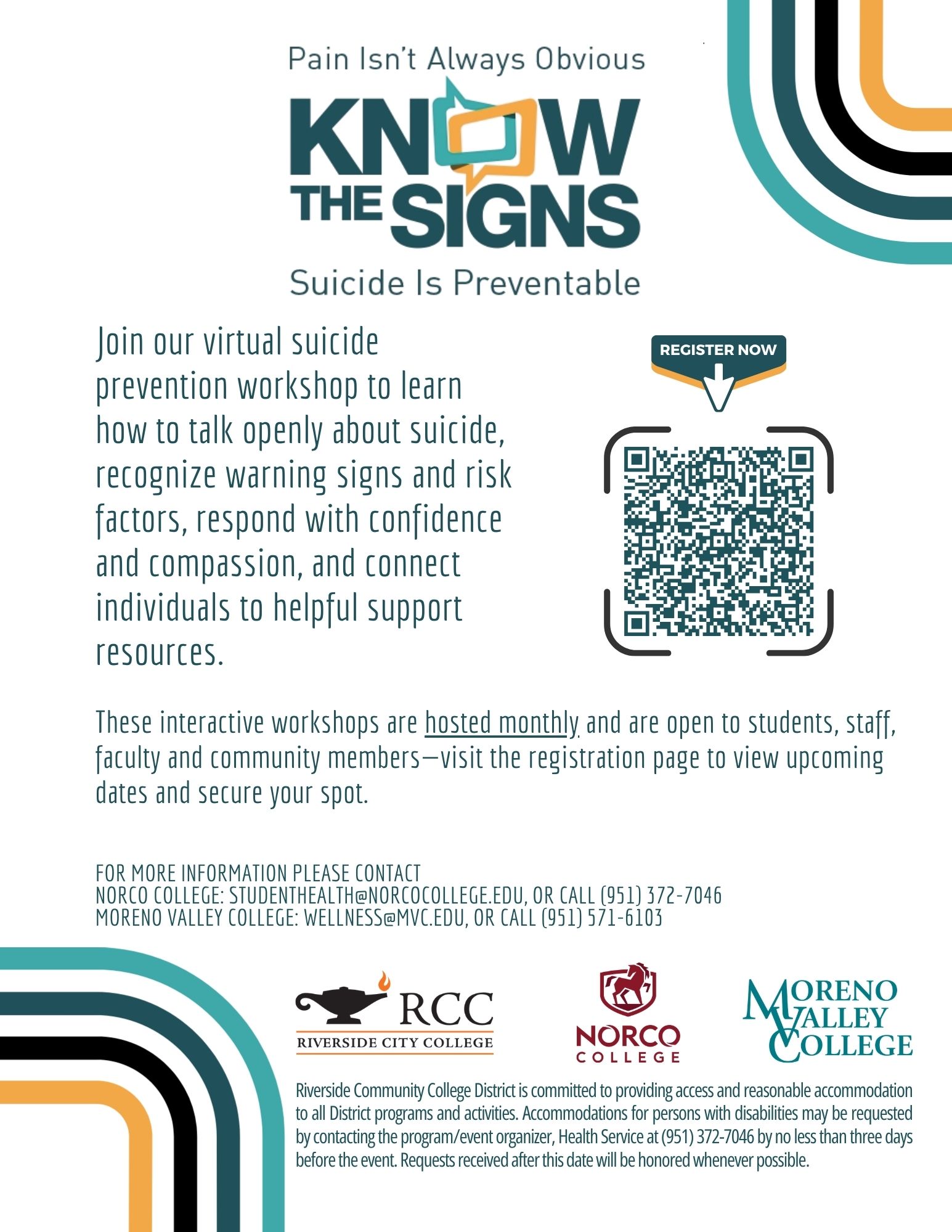 A promotional flyer with a white background and teal, black, and gold accents encourages participation in a virtual suicide prevention workshop. The headline reads, "Pain Isn't Always Obvious – Know the Signs: Suicide Is Preventable." A QR code labeled "Register Now" directs viewers to workshop registration. The flyer explains that participants will learn how to talk openly about suicide, recognize warning signs and risk factors, respond with confidence and compassion, and connect individuals to helpful support resources.