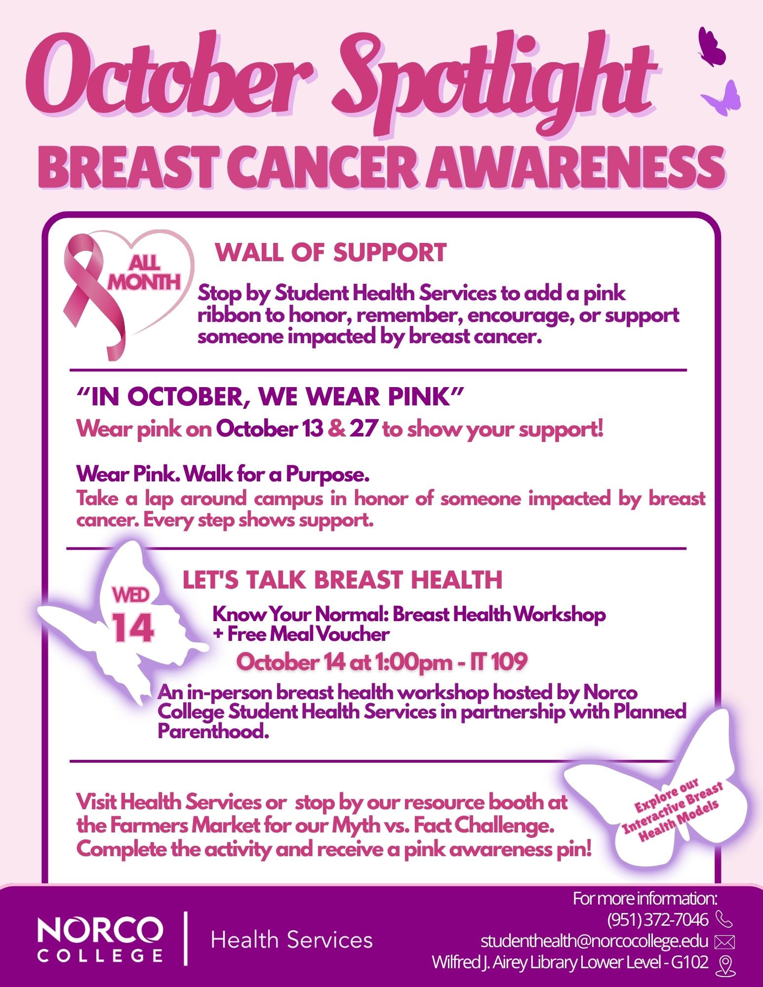 Join Student Health Services this October for Breast Cancer Awareness Month! Learn about breast health, show your support, and honor those impacted by breast cancer.