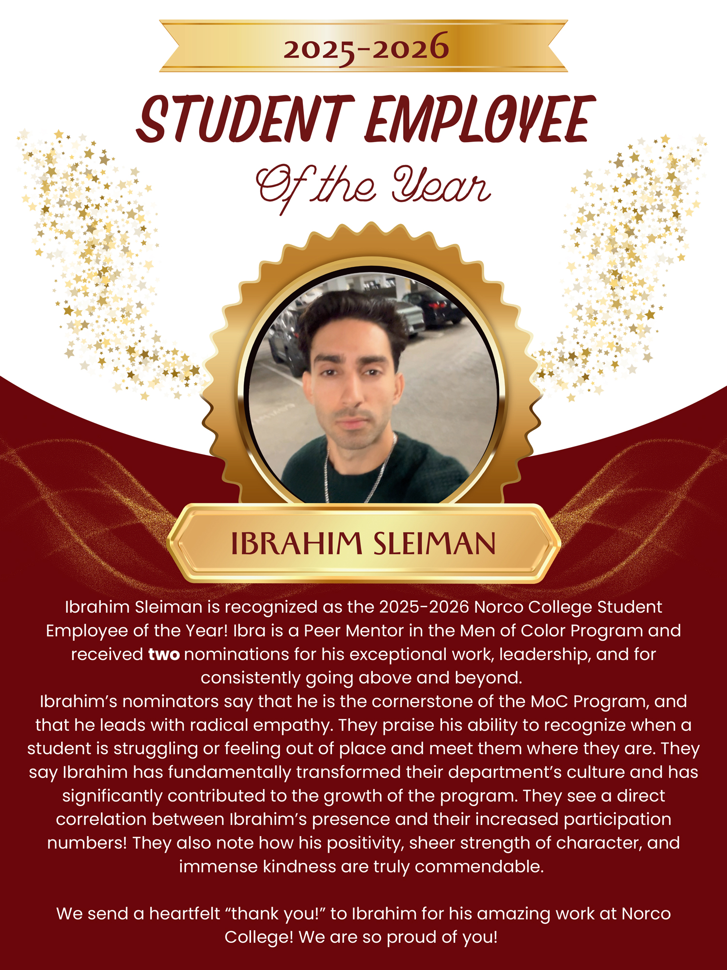2025-2026 Norco College Student Employee of the Year Ibrahim Sleiman 25-26 Student Employee of the Year