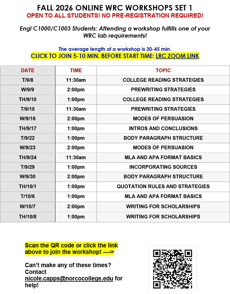 Writing and Reading Center Fall 2026 Online Workshops Set 1 flyer Writing and Reading Center Fall 2026 Online Workshops Set 1 flyer
