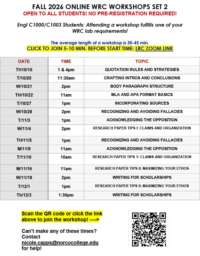 Writing and Reading Center Fall 2026 Online Workshops Set 2 flyer Writing and Reading Center Fall 2026 Online Workshops Set 2 flyer
