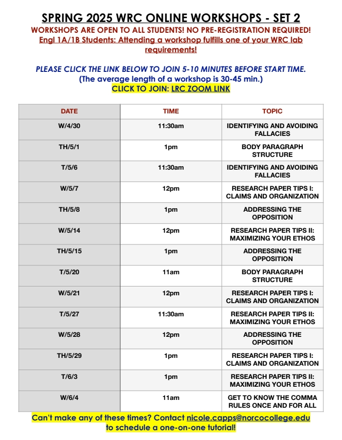 Writing and Reading Center Online Workshops Schedule