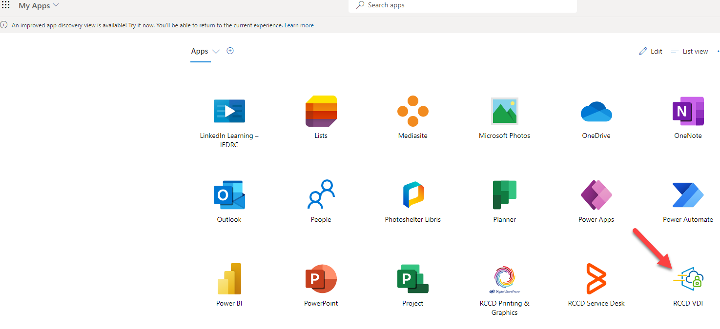 RCCD MyApps homepage with VDI app icon