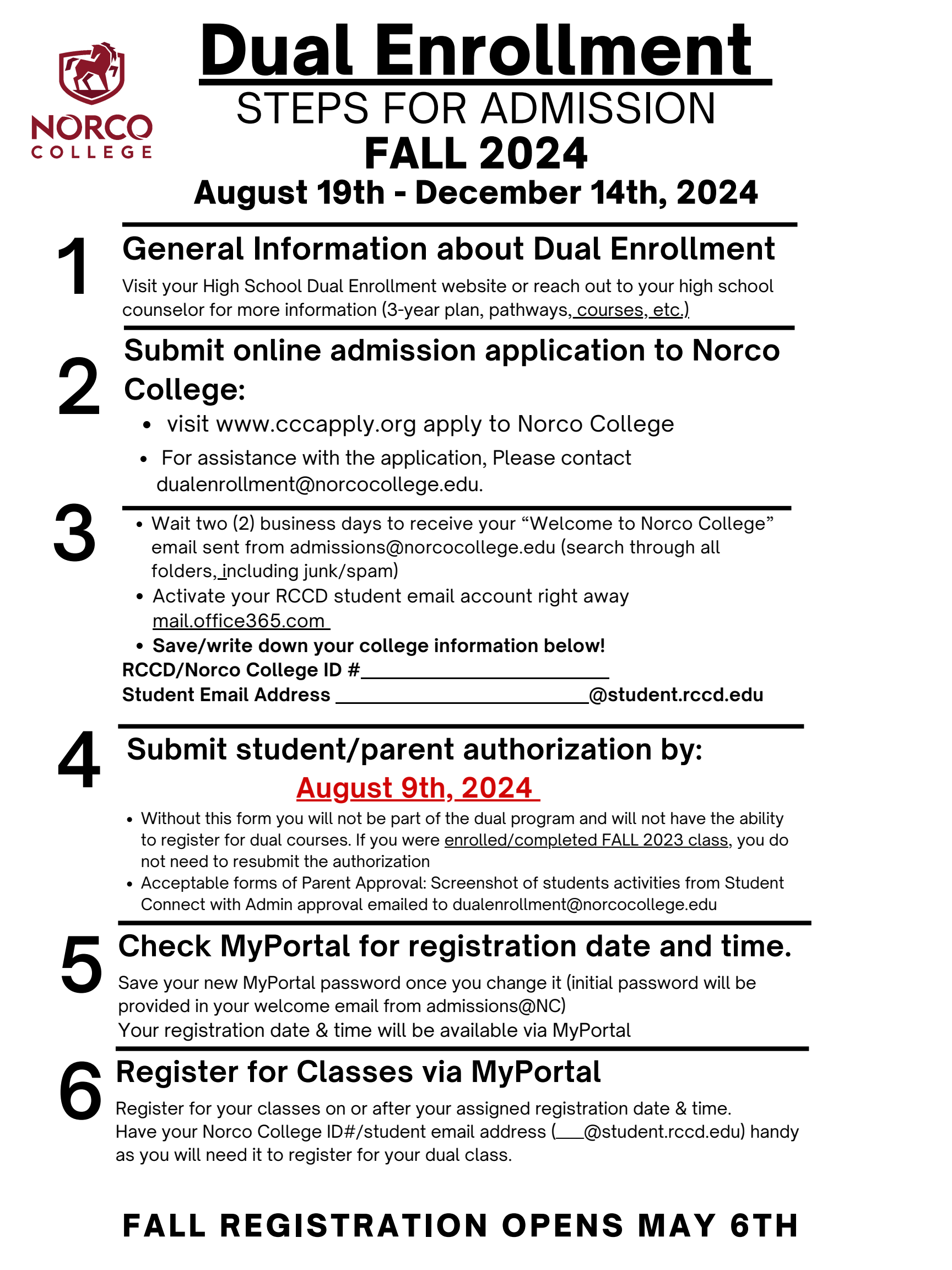 Dual Enrollment Steps for Admission - Fall 2024