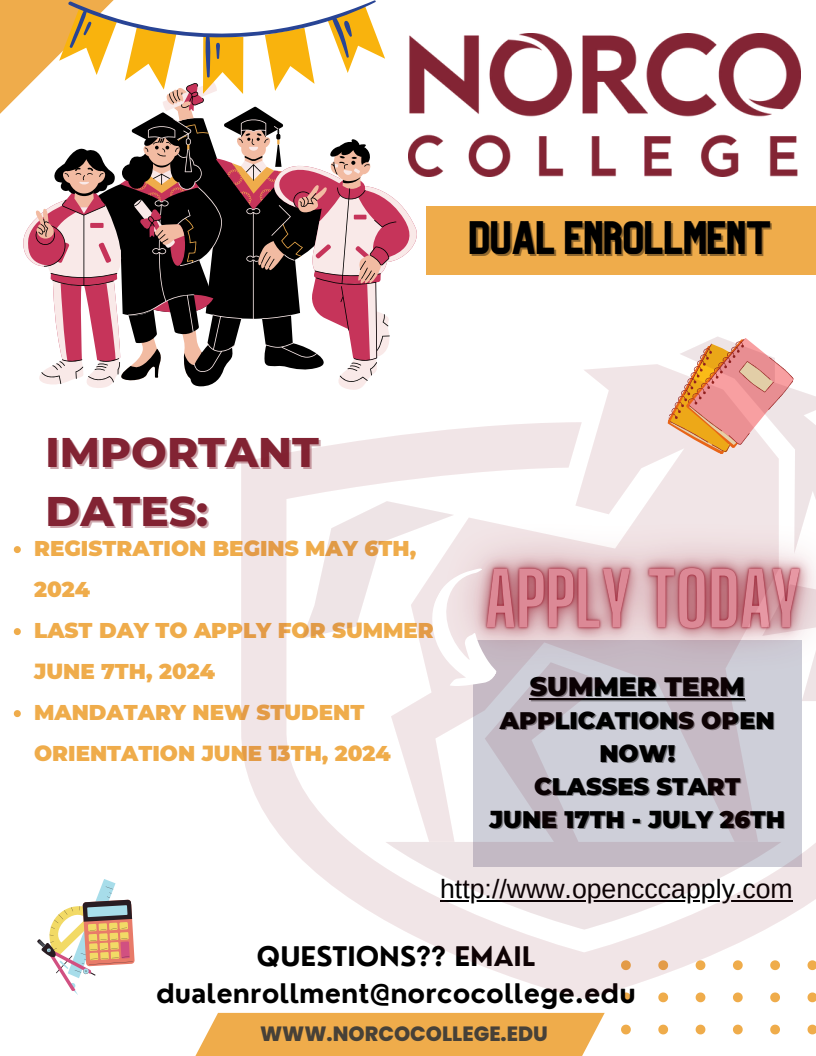 Norco College Dual Enrollment Summer 2024 Apply Now flyer