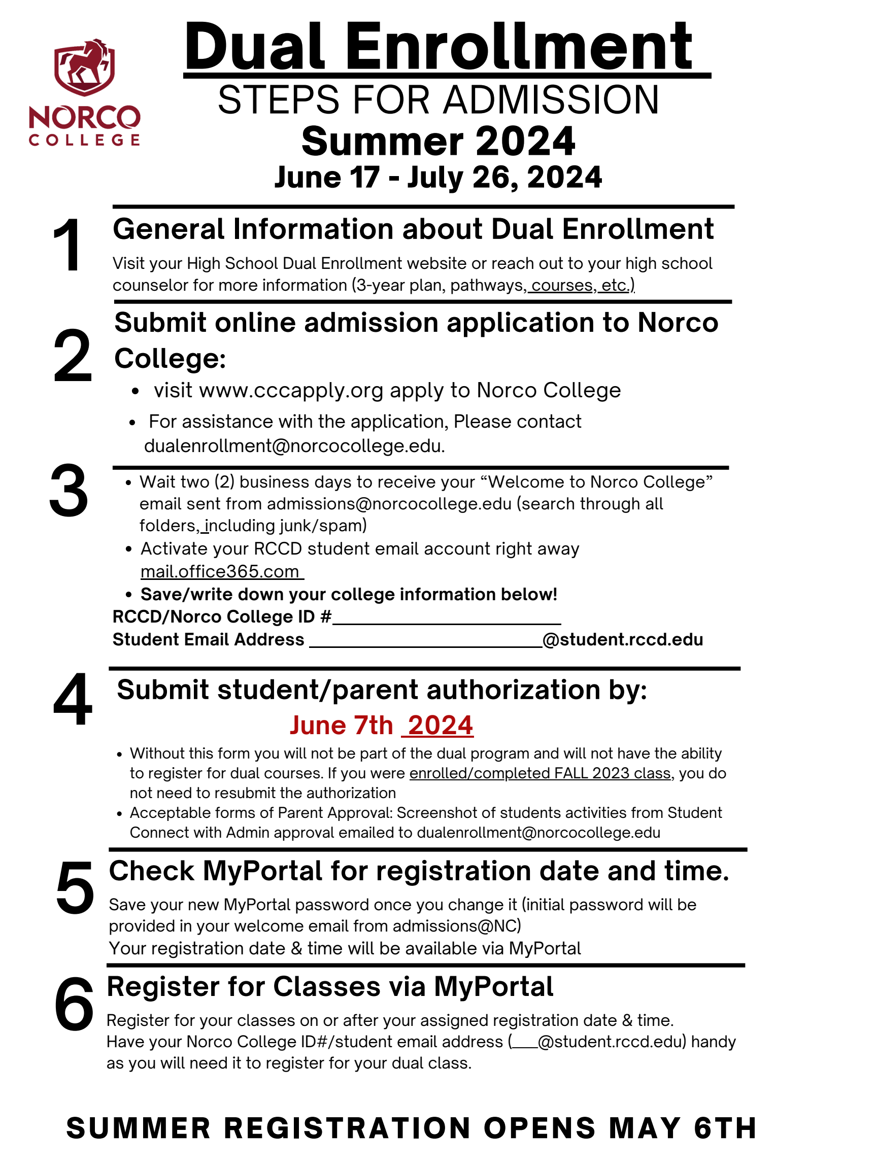 Dual Enrollment Steps for Admission - Summer 2024