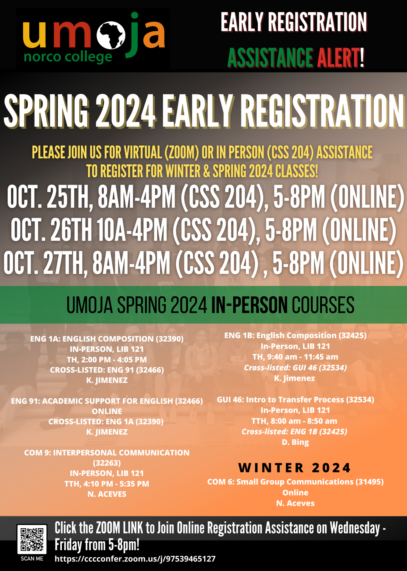 Umoja Early Registration Assistance Spring 2024 flyer
